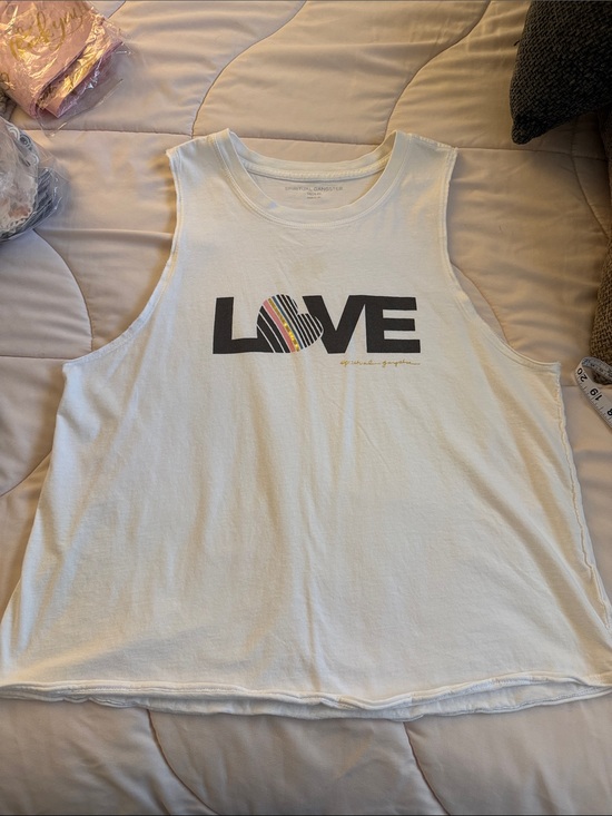 Spiritual Gangster Tops - Spiritual Gangster White LOVE Graphic Muscle Tee with Rainbow Heart Detail